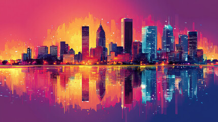 Fototapeta premium Detroit, USA, Pop Art style theme print. Cityscape, city skyline.Vibrant, bright, modern, trendy, graphic designed for poster, card, wallpaper