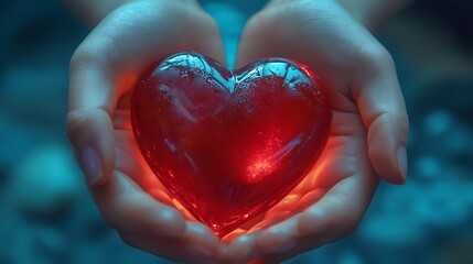 Hands embrace a shiny red heart symbolizing love and affection in a serene setting