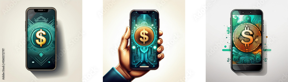 Poster Three different views of a smartphone displaying a golden dollar sign within a glowing circle.