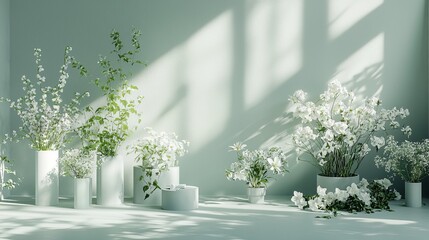 Fototapeta premium A white flower arrangement is displayed in a room with a green wall. The flowers are in various sizes and are placed in different pots. The arrangement creates a sense of calm and serenity in the room