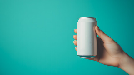 Minimalist White Soda Can in Hand on Turquoise Background