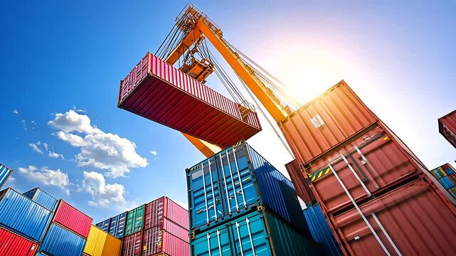 A colossal automated crane hoists shipping containers at a port, set against a clear blue sky, showcasing cutting-edge technology in maritime logistics.