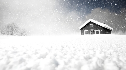Naklejka premium serene winter scene featuring black house surrounded by heavy snowfall, creating peaceful atmosphere. snow blurs outlines of landscape, enhancing tranquil mood