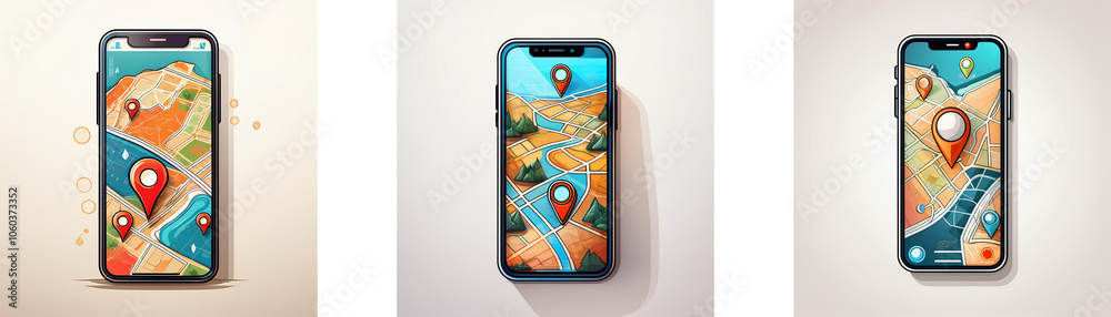 Aufkleber three smartphones with different map displays on their screens.