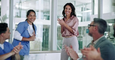 Success, award and doctors with business people in meeting for research achievement, innovation and applause. Healthcare, medical milestone and trophy with team in hospital for handshake and support