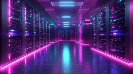 Fototapeta premium Neon Lights Server Room 3D Illustration
