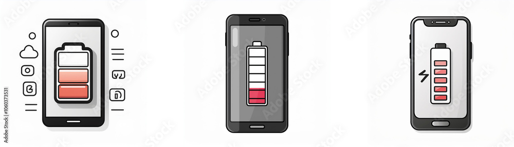 Aufkleber three illustrations of smartphone displays, each showing a different battery level.