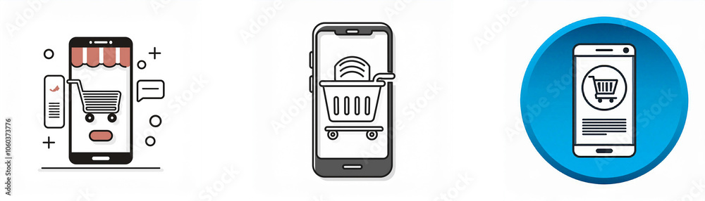 Aufkleber three different illustrations of a smartphone with an icon of a shopping cart.