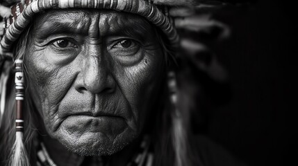 Elderly Native American man in traditional headdress, deep lines, strong gaze, dramatic lighting, dark background