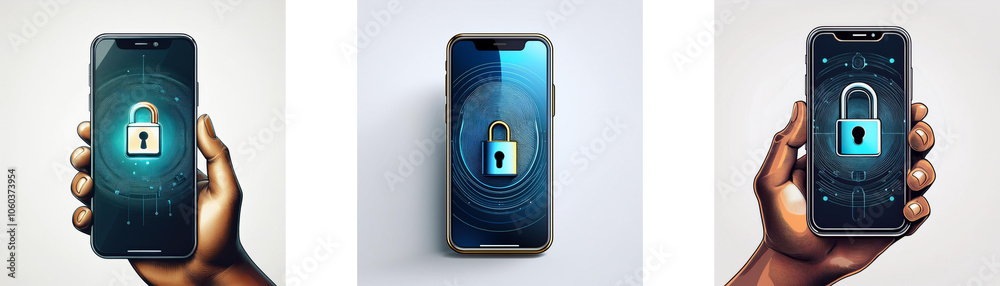 Poster a hand holding a smartphone with a padlock icon on the screen, representing online security and priv