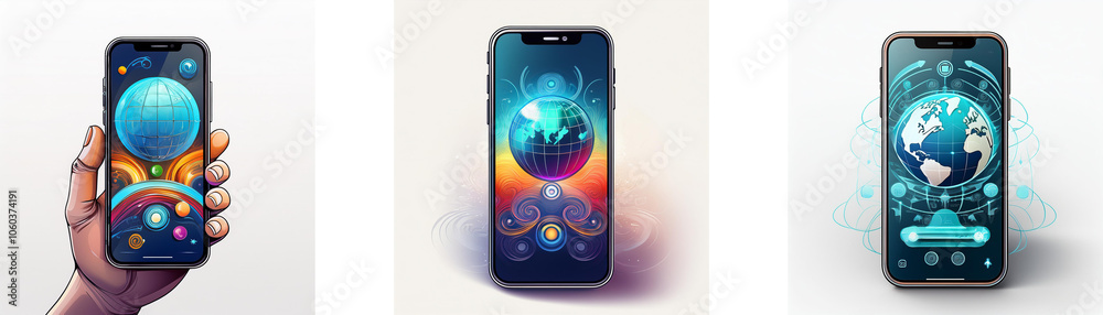 Leinwandbilder a hand holds a smartphone displaying an abstract globe on the screen. the background is white.