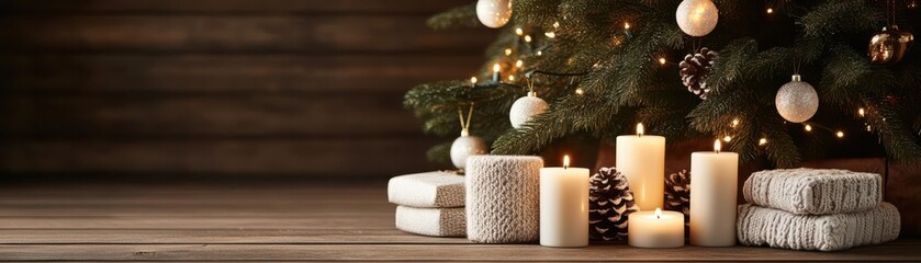 Christmas tree with glowing candles, rustic holiday style, warm and inviting