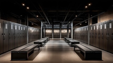 Fototapeta premium Modern locker room with benches and rows of metal lockers under industrial lighting, featuring a symmetrical and minimalist design.