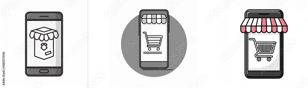 Poster three smartphone icons with different designs. one shows a store awning, the second an awning with a