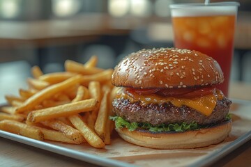 A delicious burger with fries and a drink on a tray, highlighting a casual dining experience.