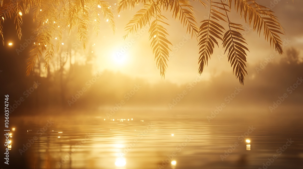 Wall mural sunrise over calm water with palm trees plain textured background for web design and copy