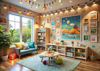 A cozy toddler playroom features an abstract wave pattern and vibrant posters, creating a stimulating environment for imagination and play in a colorful, inviting space.