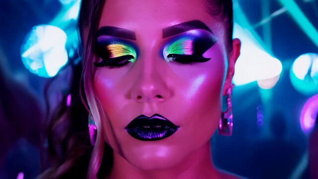 Close-up video of a model with metallic eyeshadow and bold eyeliner at a rave, under colorful neon lighting