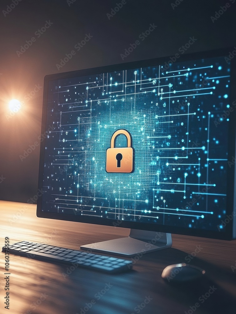 Poster a central lock icon is prominently displayed on a computer screen surrounded by digital patterns in 