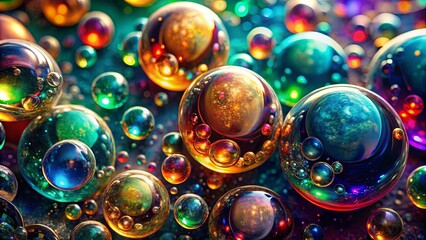 A symphony of iridescent spheres, each capturing a universe within, a mesmerizing display of color and depth.
