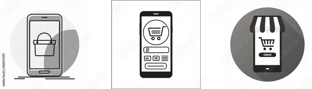 Poster three black and white images show a mobile phone with a shopping cart on the screen.