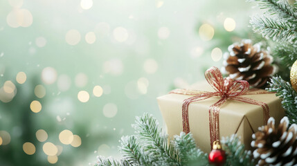 Obraz premium Beautifully Wrapped Christmas Gift Box.Festive Christmas Gift Boxes Background with Holiday Sparkle.