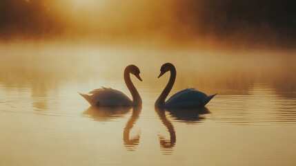 A tranquil scene of two swans gracefully swimming together on a calm lake at dawn, surrounded by mist.