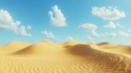 Naklejka premium A vast desert landscape with golden sand dunes stretching into the distance, under a crisp blue sky with scattered clouds.