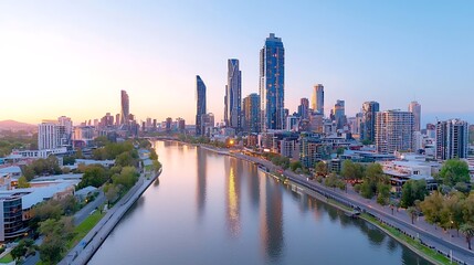 Fototapeta premium Melbourne's skyline reflects serenity as the yarra river flows beneath towering architecture at dusk