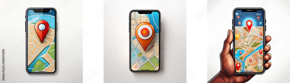 Aufkleber three mobile phones showing maps with location pins.
