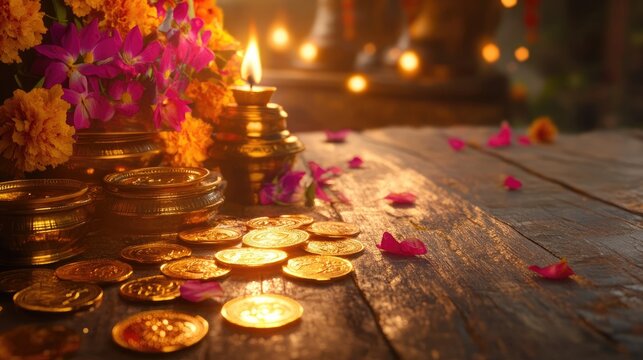 A vibrant display of traditional Dhantera decorations, featuring gold coins, diyas, and floral arrangements on a wooden table.