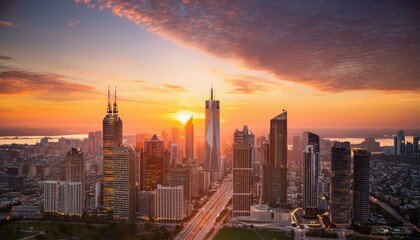 Fototapeta premium Sunset Silhouettes of a Modern City Skyline with Skyscrapers and Golden Sky
