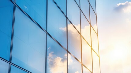 Stunning reflection of clouds and sunlight on modern glass building, showcasing architecture and nature's beauty.