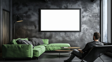 A contemporary living room mockup showcasing a blank poster frame on the wall, accompanied by a man relaxing in front of it