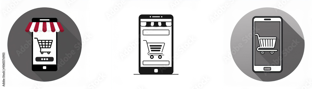 Aufkleber three smartphone icons with shopping cart symbol inside. one icon has a red awning over the screen.