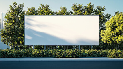 A mockup of a white billboard affixed to a wall, showcasing a tree farm behind it