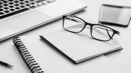 Workspace with Glasses and Notebook on Desk