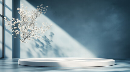 A clean background with a product display podium to the right, designed for an elegant and modern showcase