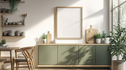 A blank picture frame mockup featuring a light wooden skinny frame displayed in a kitchen, oriented in portrait format.