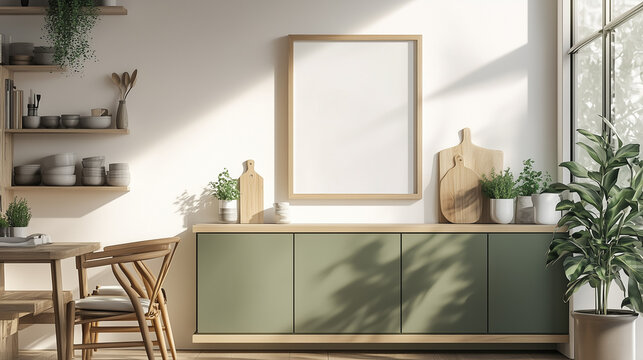 A blank picture frame mockup featuring a light wooden skinny frame displayed in a kitchen, oriented in portrait format.