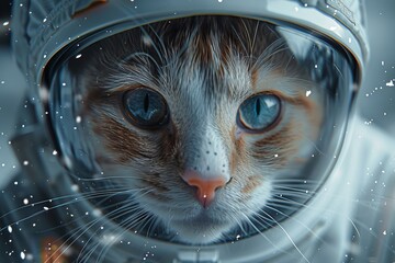 A cat in a spacesuit exploring the cosmos during a simulated space mission with snowy background