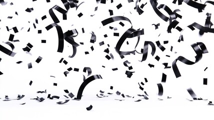 Black confetti flying on white background, festive concept