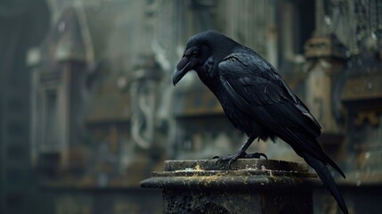 Fototapeta premium Black raven perched on a stone in a gothic cemetery, creating a spooky and mysterious atmosphere perfect for dark themed projects like halloween