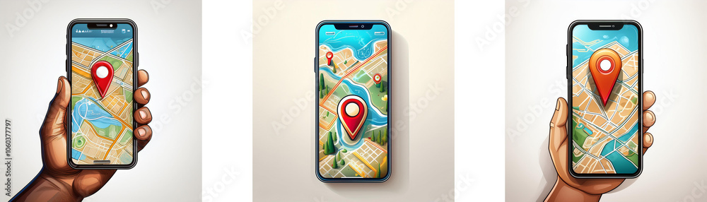 Leinwandbilder three hands hold smartphones displaying a map with a red location pin.