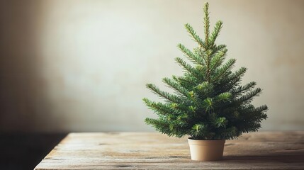 Fototapeta premium Small Christmas tree on a wooden table, simple decor, charming holiday touch
