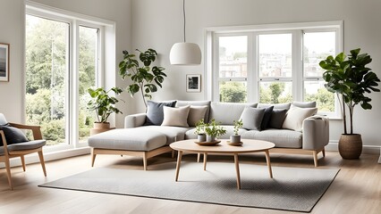 Fototapeta premium Beautifully Designed Living Room Combining Warm Tones, Wooden Furniture, and Indoor Plants for a Serene Retreat (74)