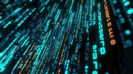 a digital binary code matrix with glowing green and blue binary digits cascading down in a 3D environment,