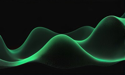 Abstract 3d green flow wave on dark background. Future mesh or sound grid. Digital data structure. Futuristic technology concept.