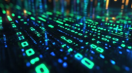 Fototapeta premium a digital binary code matrix with glowing green and blue binary digits cascading down in a 3D environment,