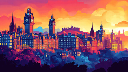 Fototapeta premium Edinburgh, UK, Pop Art style theme print. Cityscape, city skyline.Vibrant, bright, modern, trendy, graphic designed for poster, card, wallpaper
